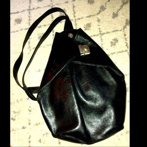 Black Solid Leather Backpack - Adjustable Straps